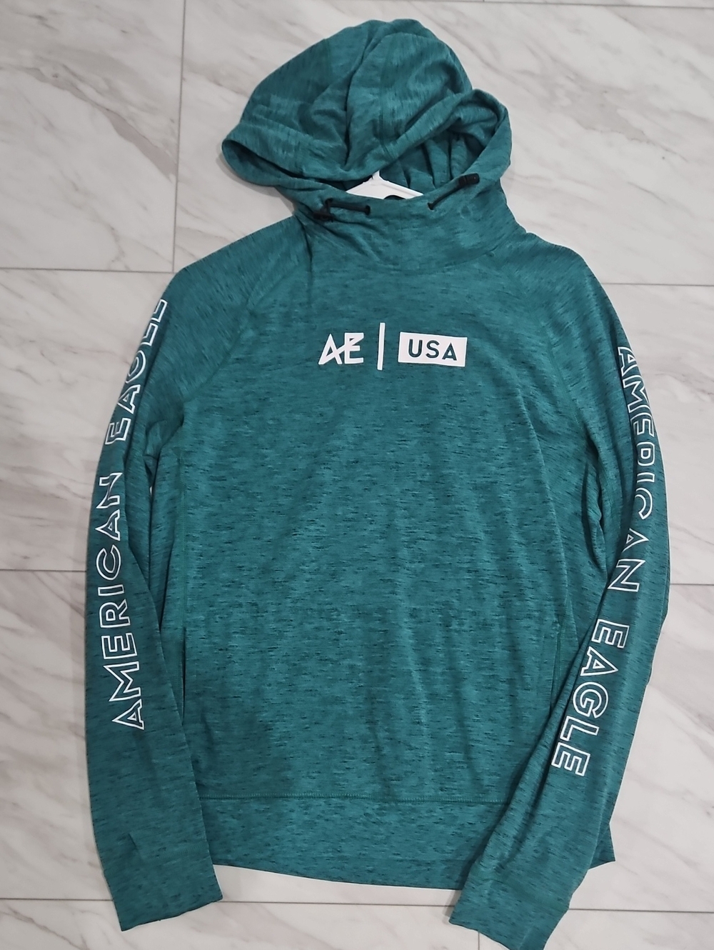 American Eagle Outfitters Teal Hooded Long-Sleeve Shirt with USA Logo
